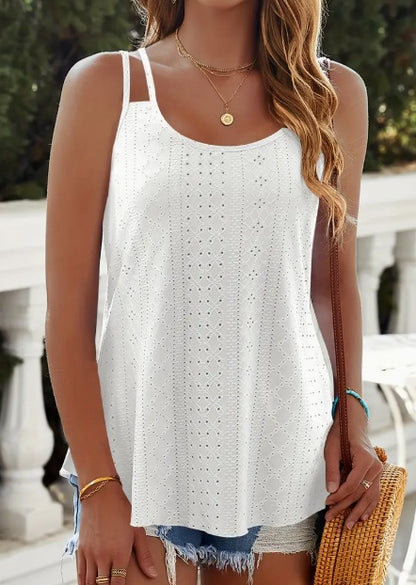 Eyelet Lettuce Trim Cami Top, Casual Sleeveless Scoop Neck Versatile Cami Top, Women's Clothing