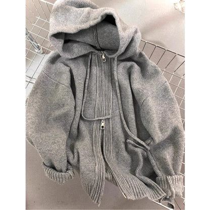 Autumn And Winter Loose Thickened Gray Hooded Sweater Coat Women