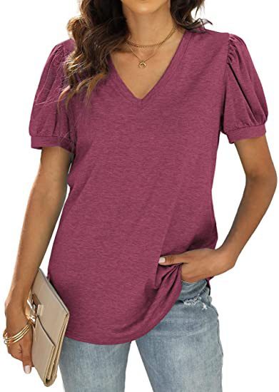 European And American Summer Casual V-neck Solid Color Puff Sleeve Loose T-shirt For Women