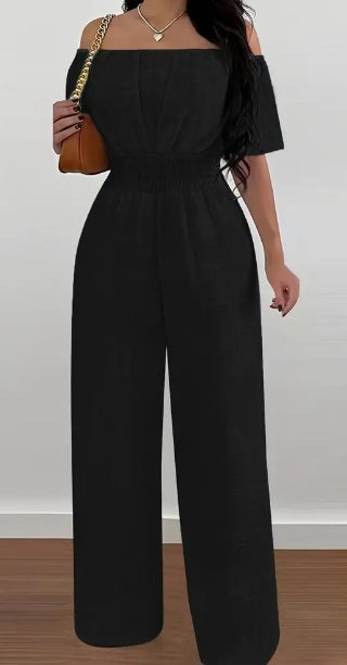 Eleganter schulterfreier Jumpsuit mit kurzen Ärmeln und Cinch-Taille – einfarbig, maschinenwaschbar für Frühling, Sommer und Herbst