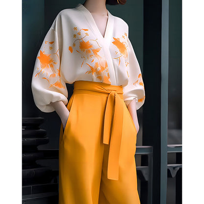 Fashionable Retro High-end Slimming Wear Flab Hiding Shirt Wide-leg Pants Suit Two-piece Set Women