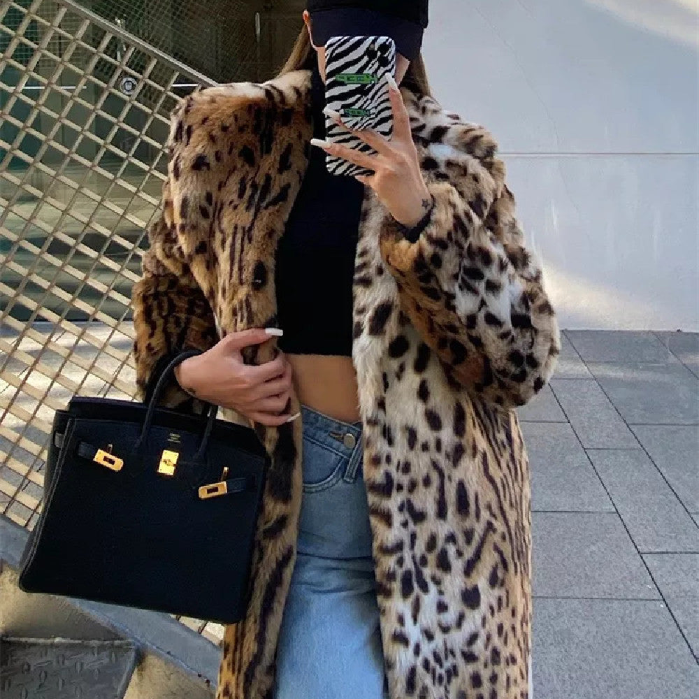 New Leopard Print Faux Fur Coat Women