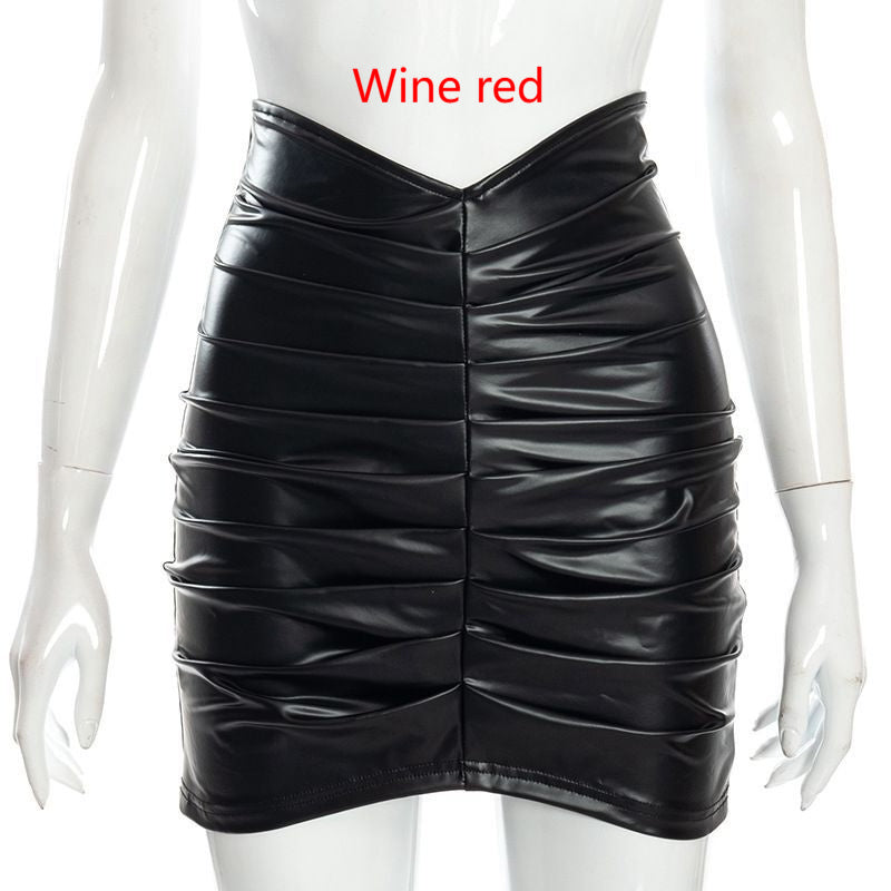 European And American Style Fashion Temperament Pure Color Pleated PU Sheath Skirt