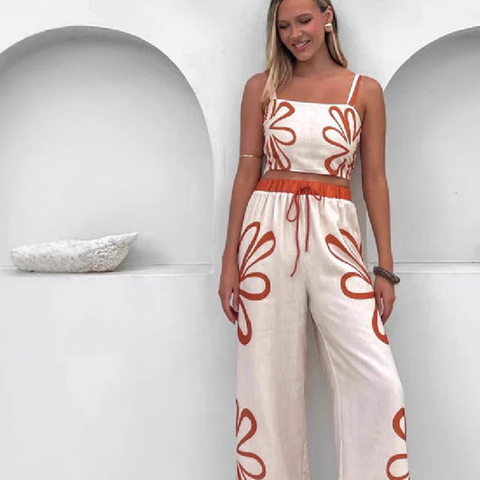 Fashion Flower Sling Top Wide Leg Pants Suit