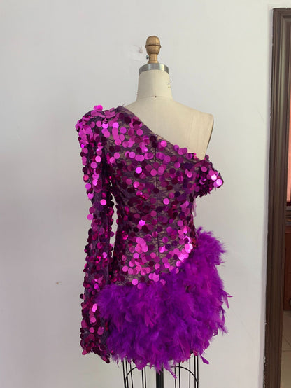 Purple Sequined Feather Skirt One-shoulder Sleeve Short Dress Luxury Party Stage Performance Dress