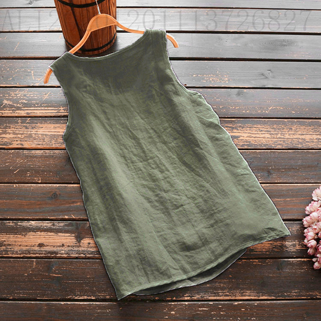 Cotton Linen Button Sleeveless Solid Color Women's Vest Top