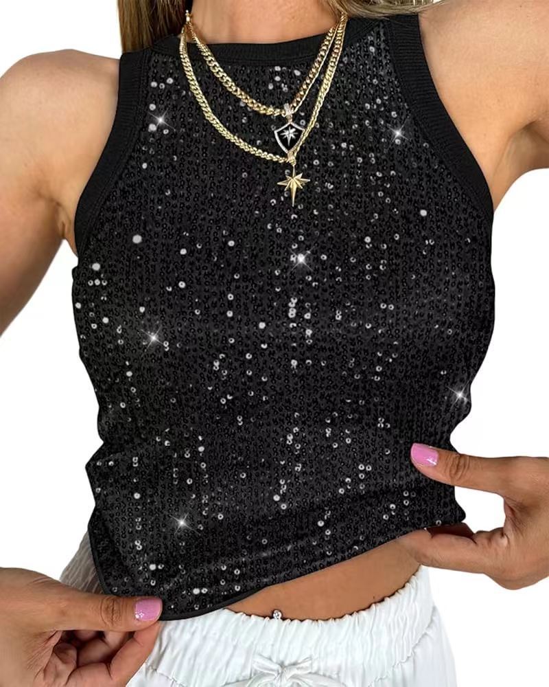 Sexy Cropped Sleeveless Sequin Leopard Print Vest