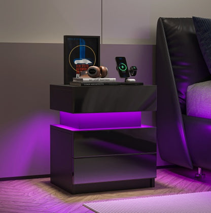 NEW LED Nightstand Modern Black Nightstand With Led Lights Wood Led Bedside Table Nightstand With 2 High Gloss Drawers For Bedroom