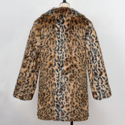 European And American Artificial Fur Women's Suit Collar Long Leopard Print Coat