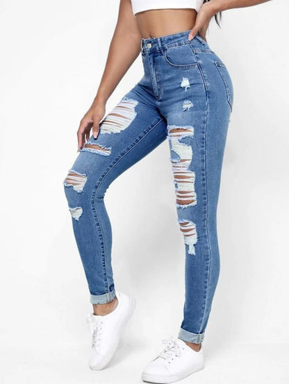 Skinny Jeans Damen High Waist Slim Fit Schlankmachende Löcher Röhrenhose