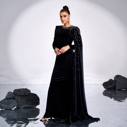 Velvet Round Neck Long Sleeve Rhinestone Evening Dress