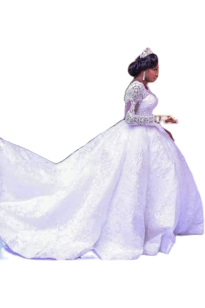 Lace African Wedding Dress Long Sleeves Round Neck Big Tail Tutu Skirt