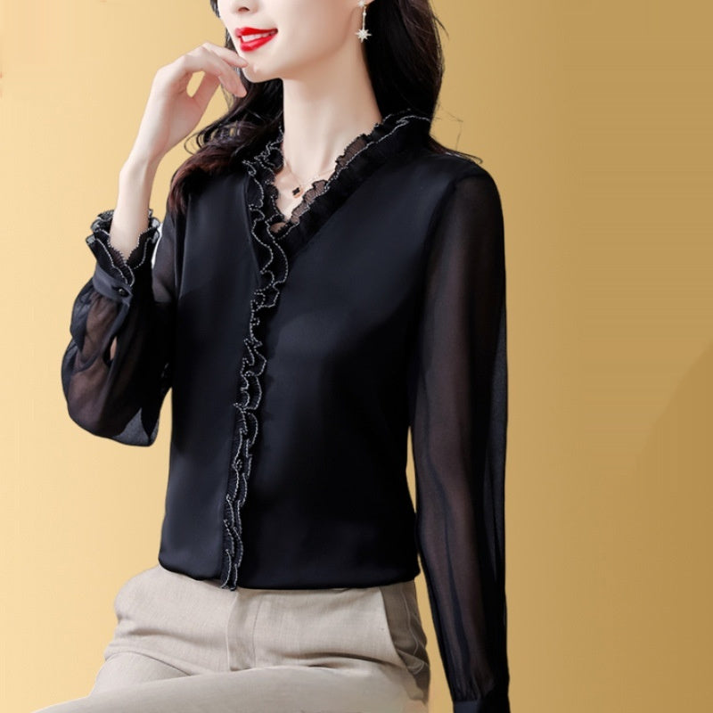 New Solid Color Chiffon Long-sleeved Shirt For Women